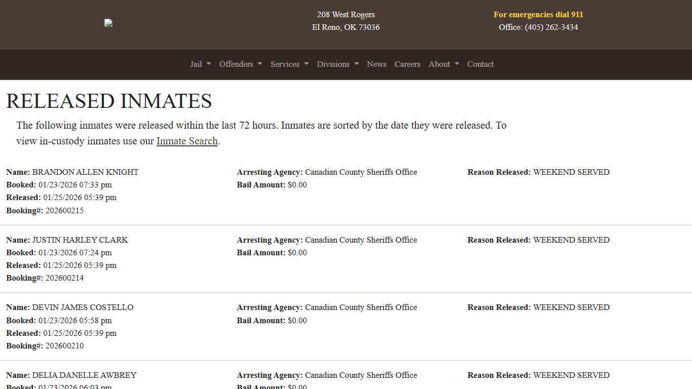 Released Canadian County Sheriff's Office